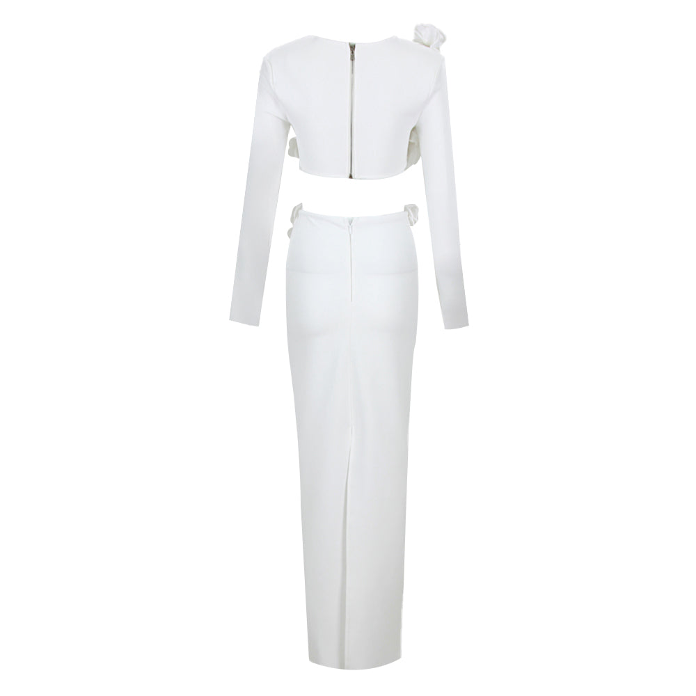 Long Sleeve Flower Detail Two Piece Maxi Dress White HV1155