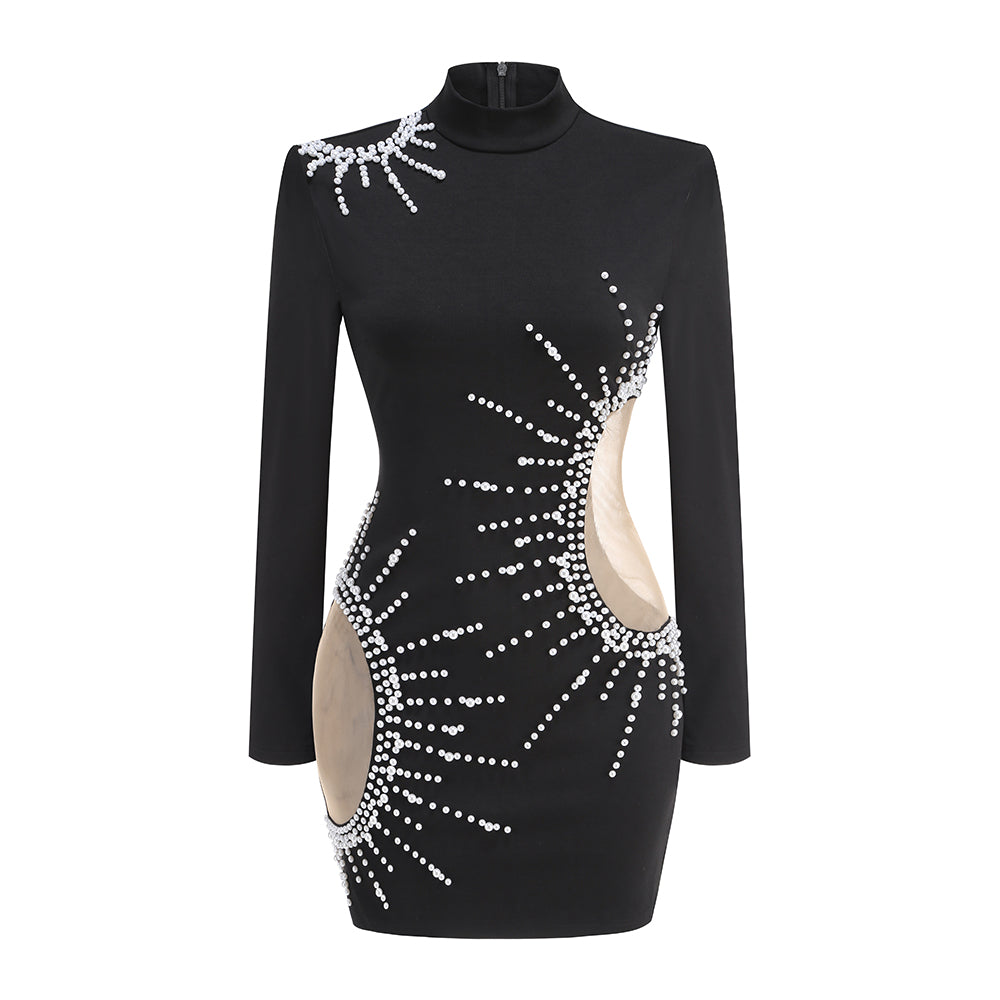 Long Sleeve Pearl Dress Black
