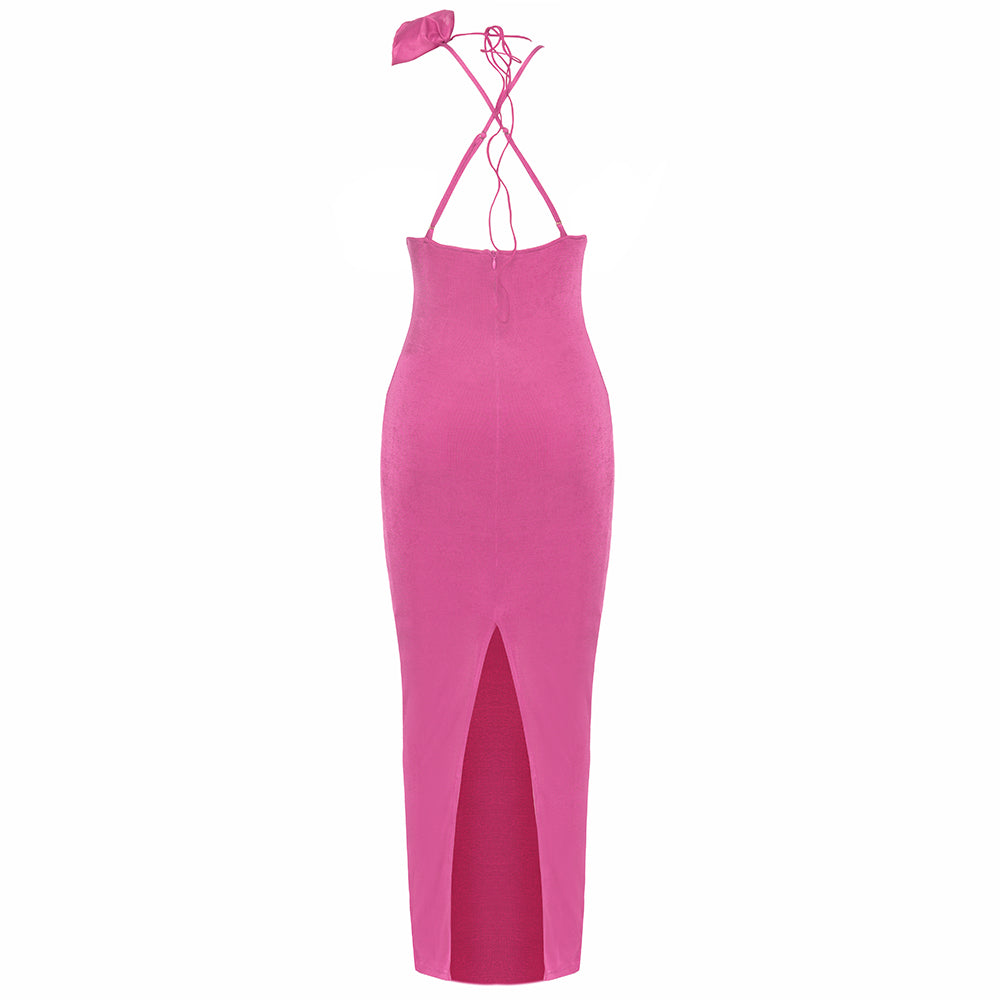 Flower Detail Ruffle Ruched Midi Dress Hot Pink HV9583