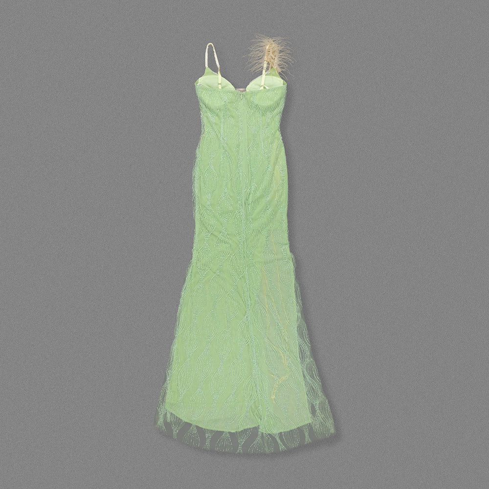 Feather Detail Maxi Dress Green Gold HV2228