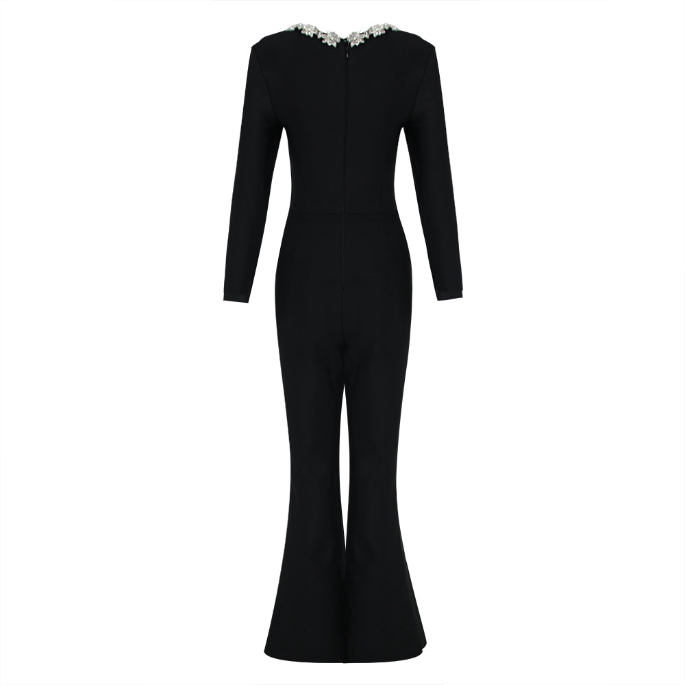 Long Sleeve Crystal Jumpsuit Black HV1093