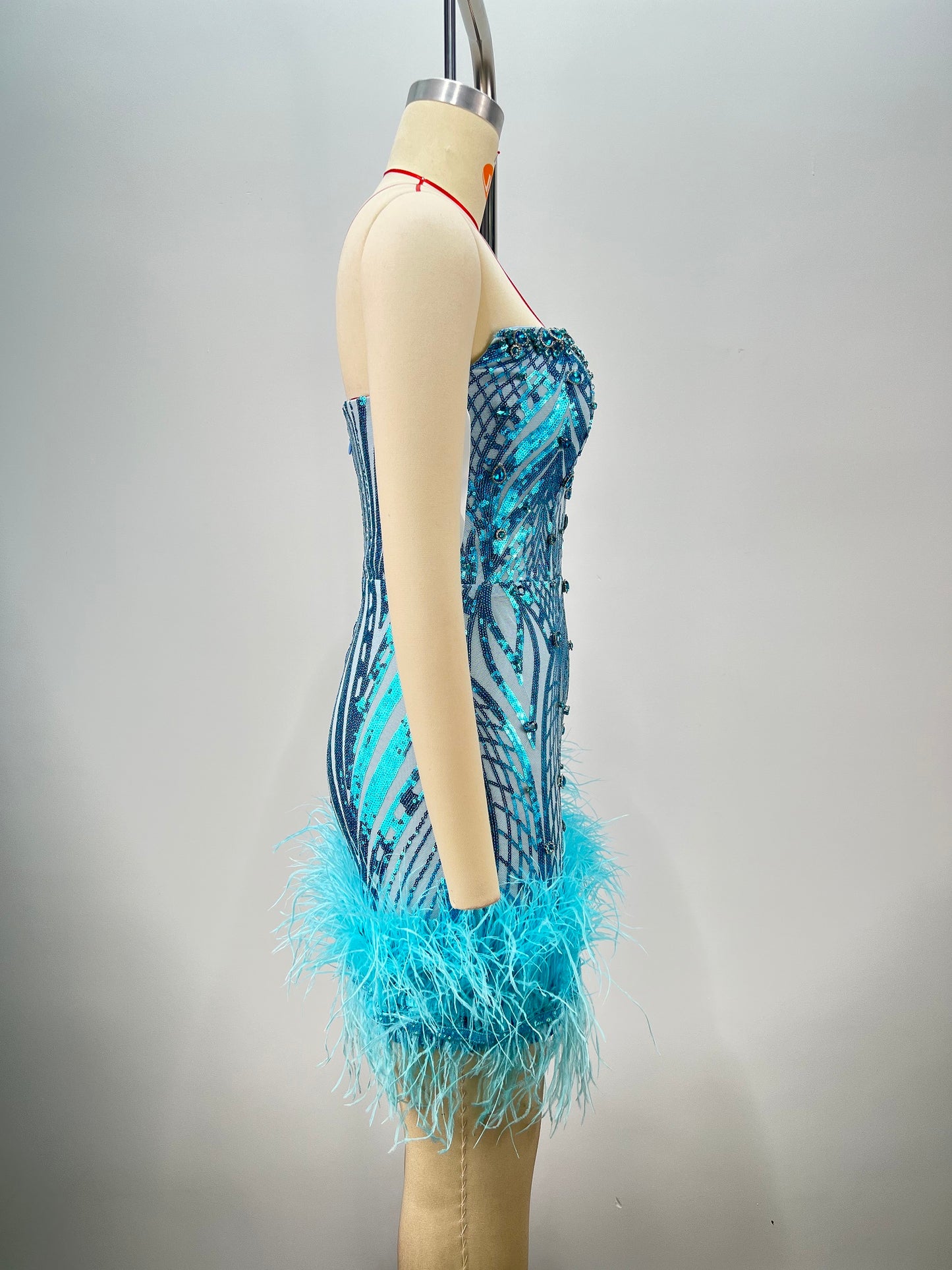 Strapless Sequin Crystal Feather Dress Blue HV1741