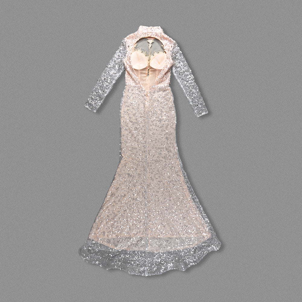 Long Sleeve Crystal Backless Maxi Dress Nude HV2000