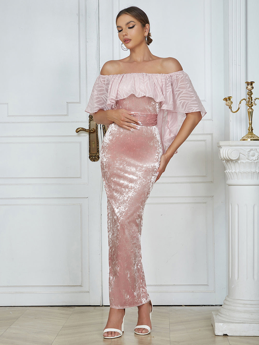Ruffle Off Shoulder Maxi Velvet Dress Pink HV9754