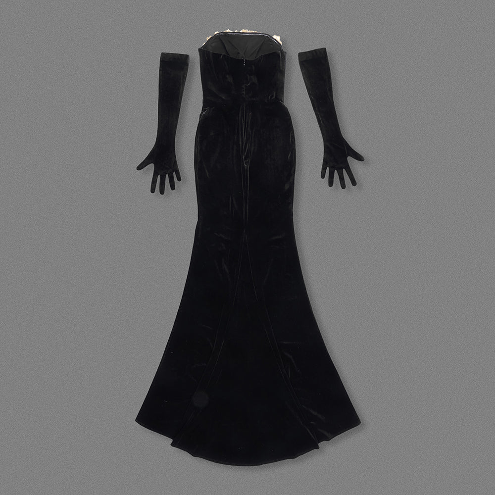 Strapless Gold Applique Maxi Velvet Dress Black HV2151