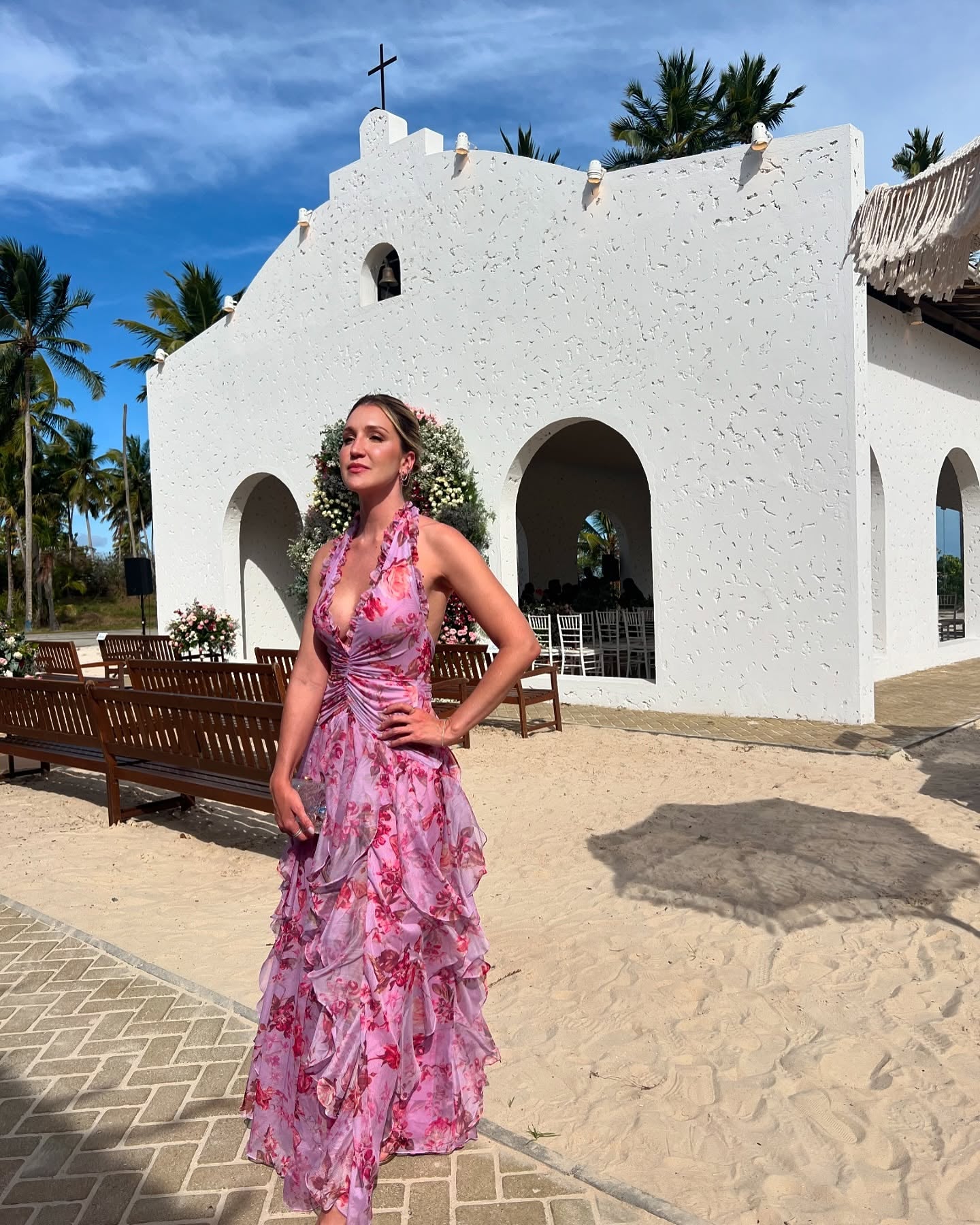Halter Floral Ruffle Maxi Dress Pink HV2137