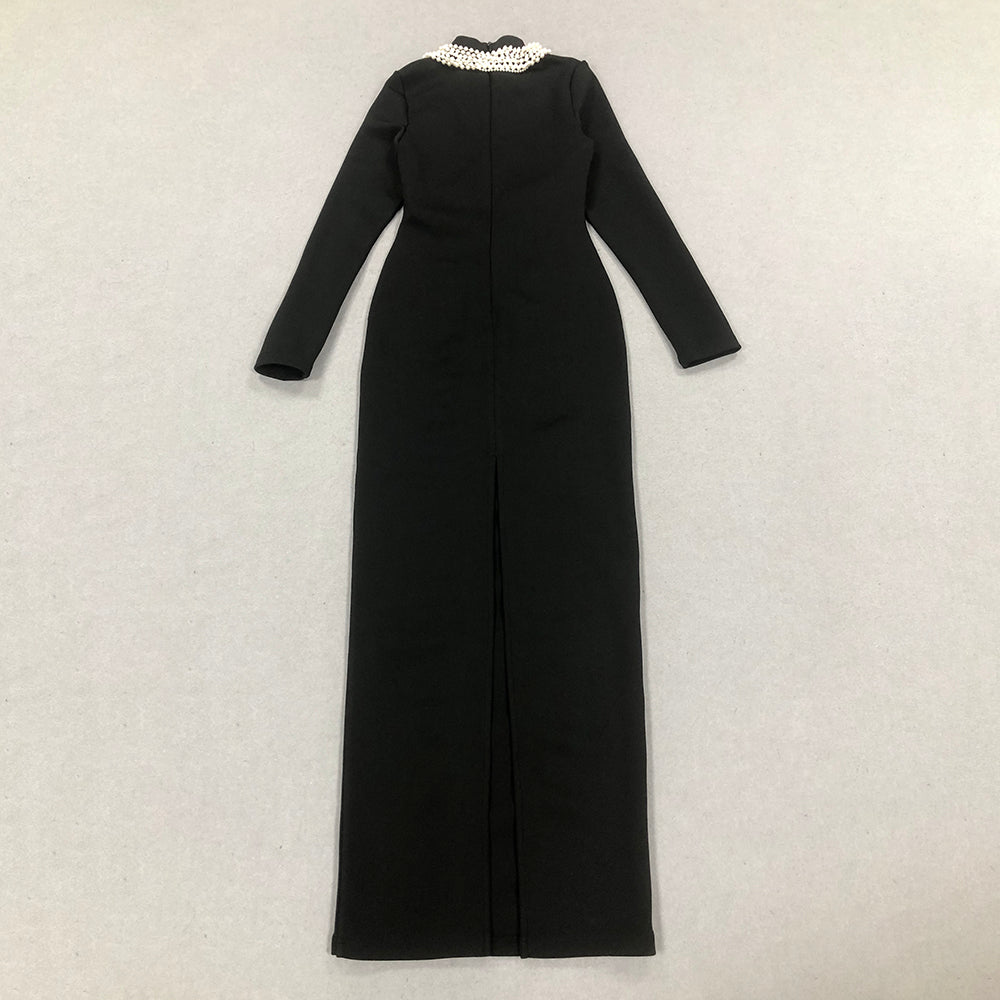 Long Sleeve Pearl Necklace Maxi Dress Black HV1700