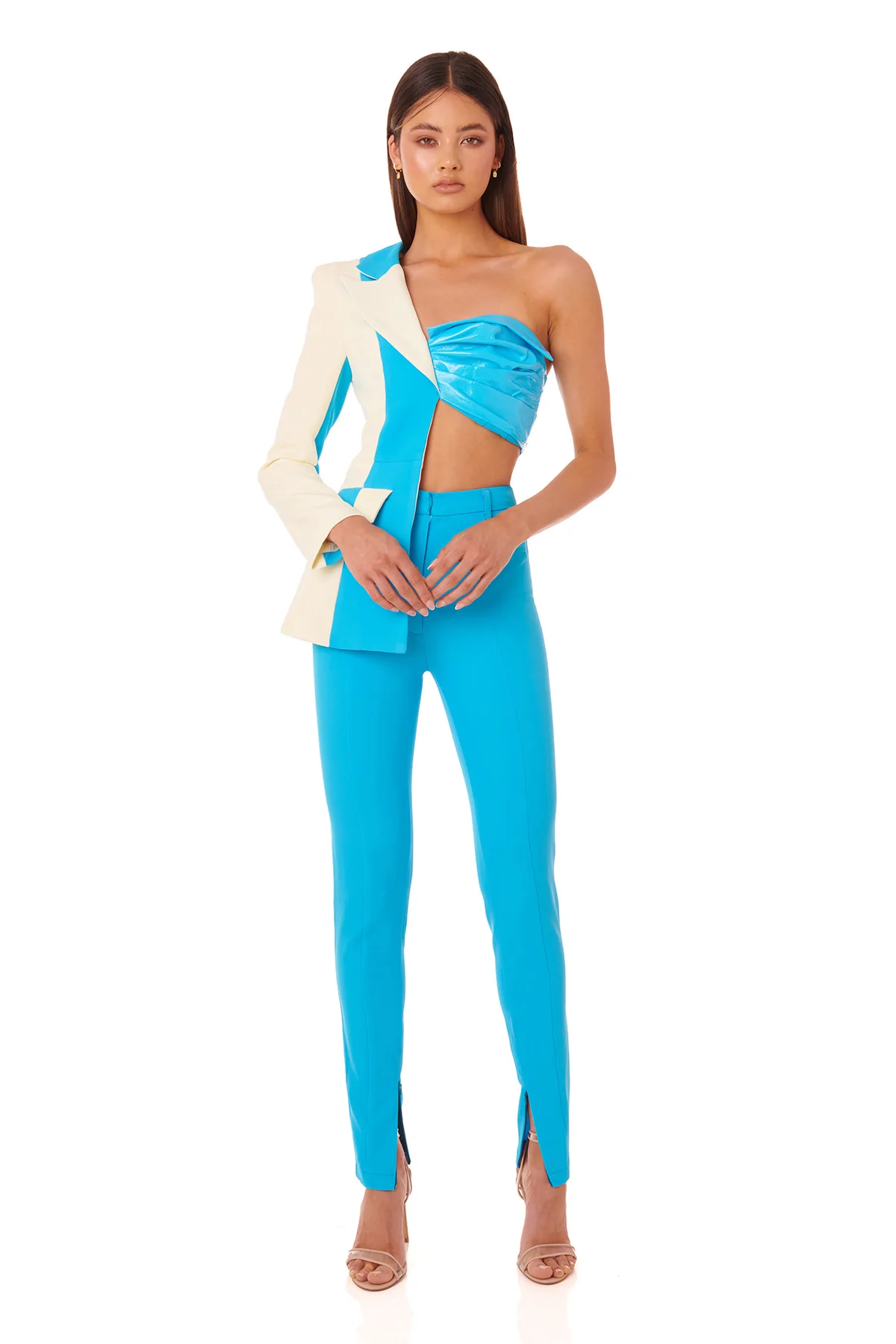 One Sleeve Blazer Two Piece Jumpsuit Blue White HV8855