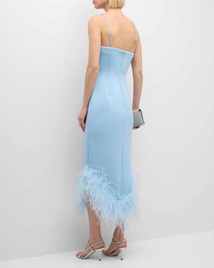 One Shoulder Feather Detail Midi Dress Blue