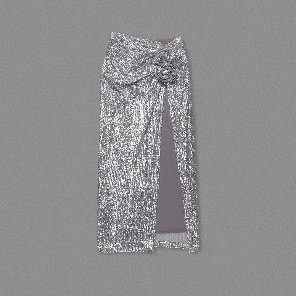 Floral Sequin Maxi Skirt Silver HV1610