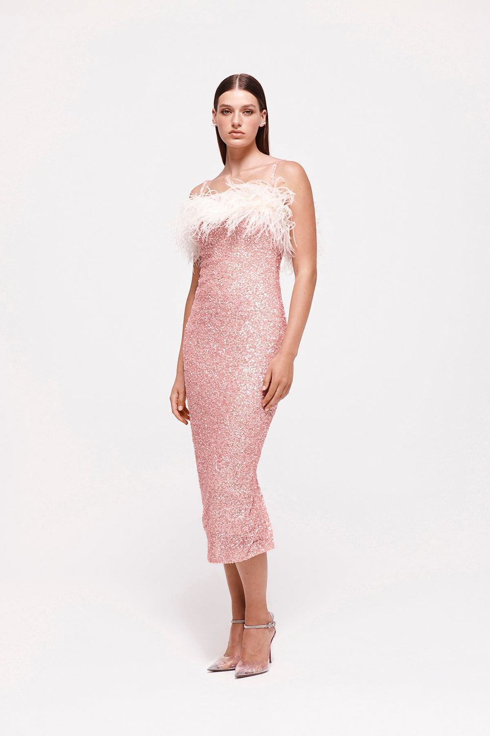 Feather Detail Sequin Midi Dress Pink White