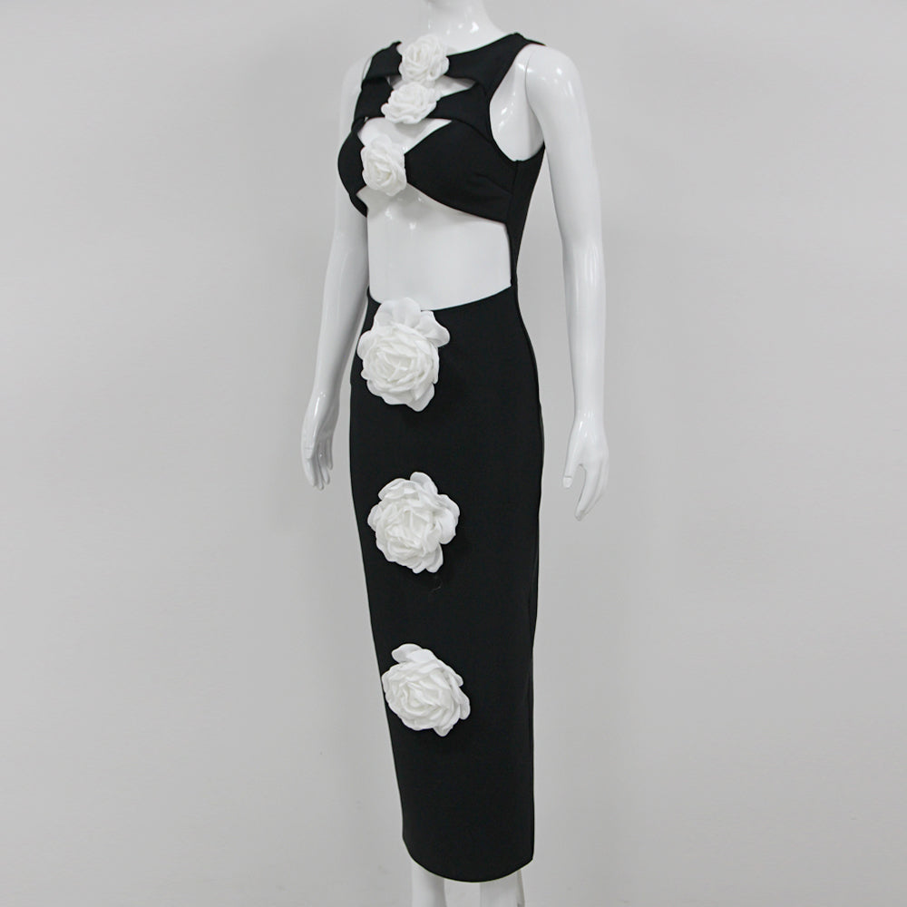 Floral Detail Midi Dress Black White HV1398