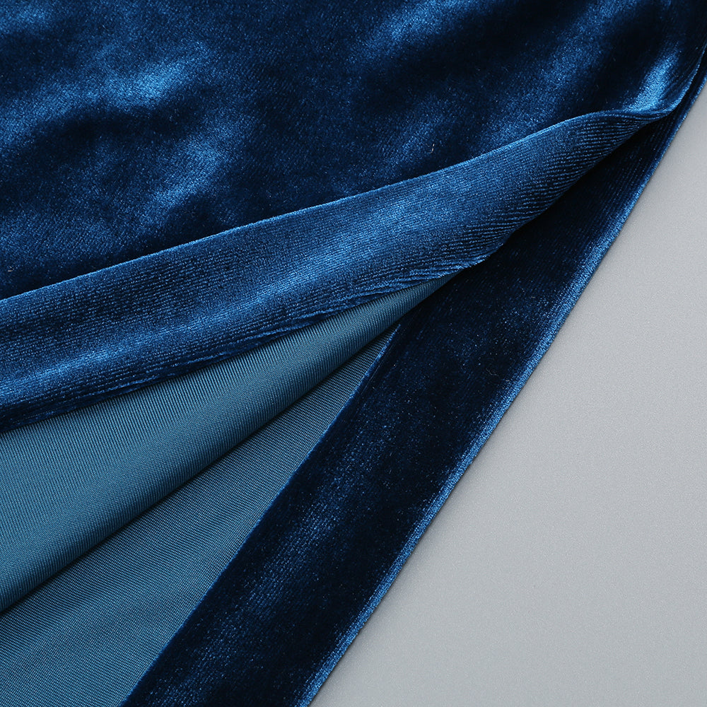 Feather Long Sleeve Velvet Dress Blue
