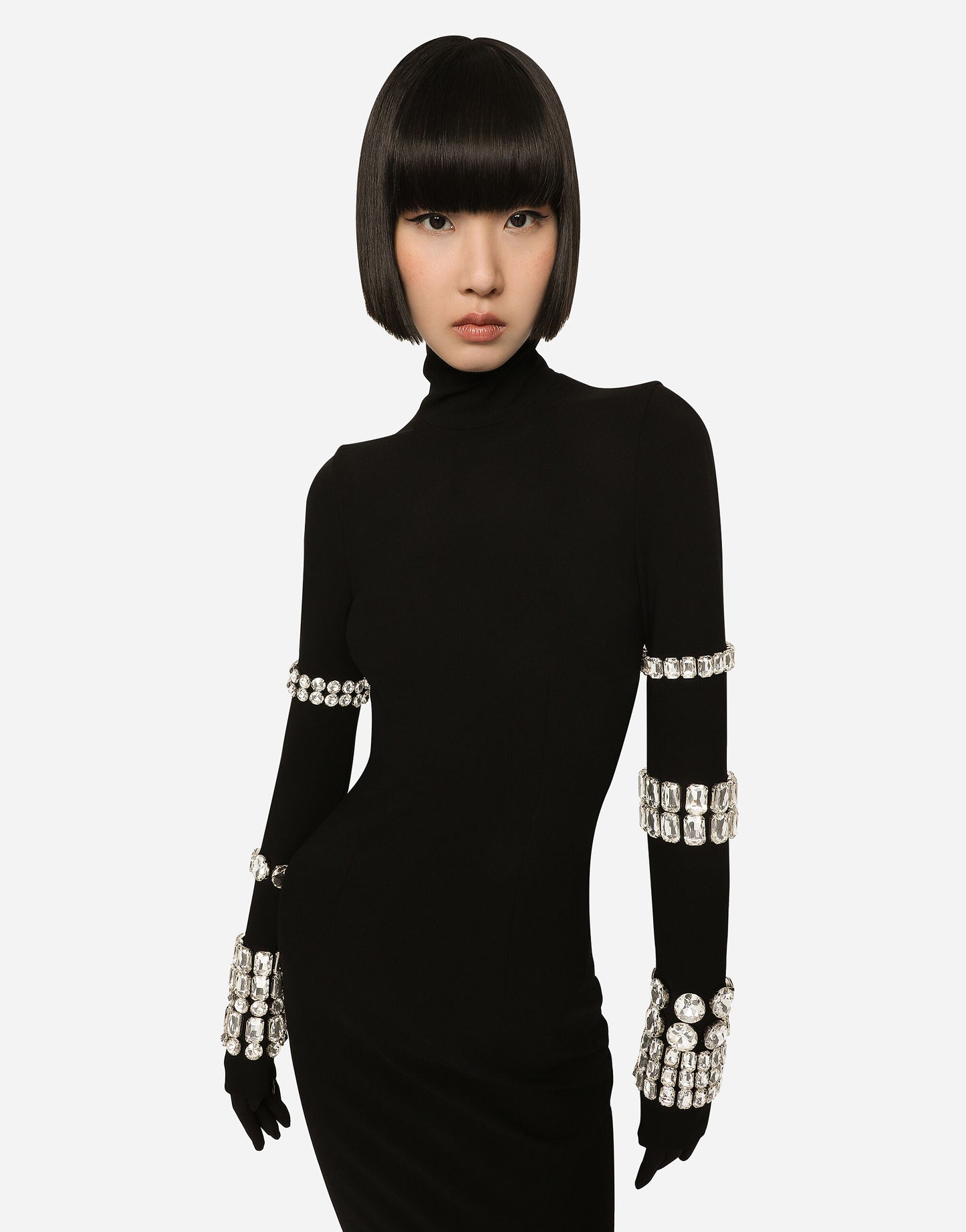 Crystal Long Sleeve Midi Dress Black HV9819