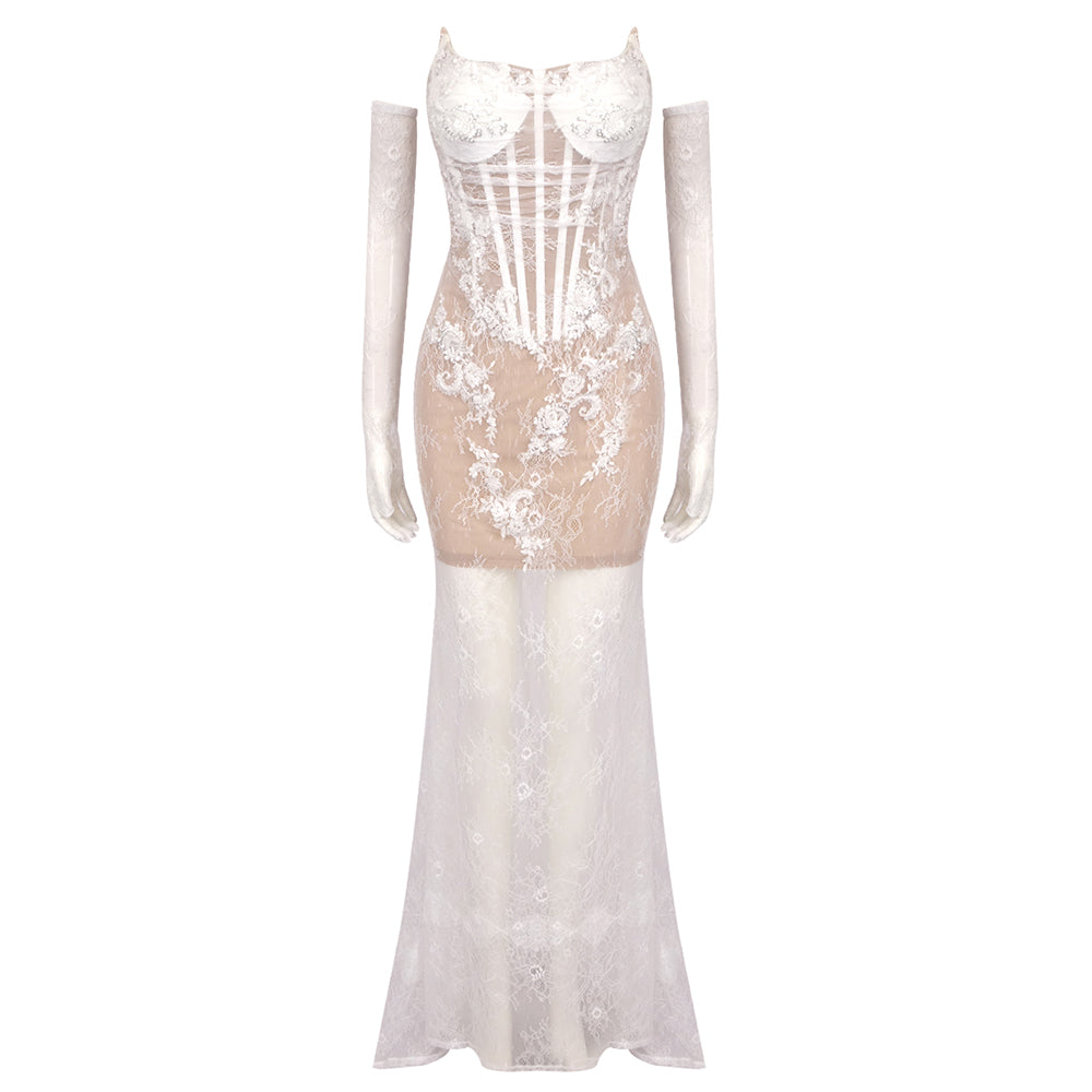 Strapless Lace Corset Maxi Dress White HV1507