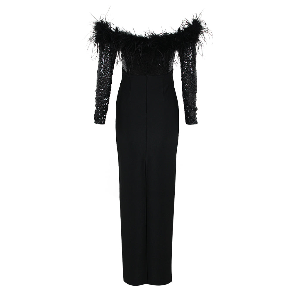 Long Sleeve Feather Sequin Maxi Dress Black HV1117