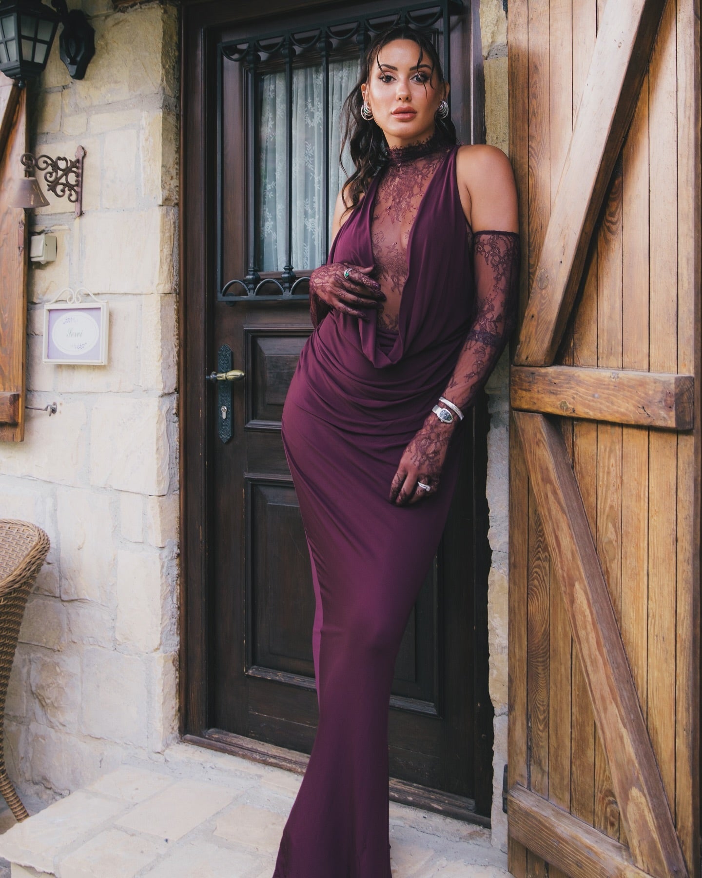 Halter Lace Insert Maxi Dress Plum HV1930