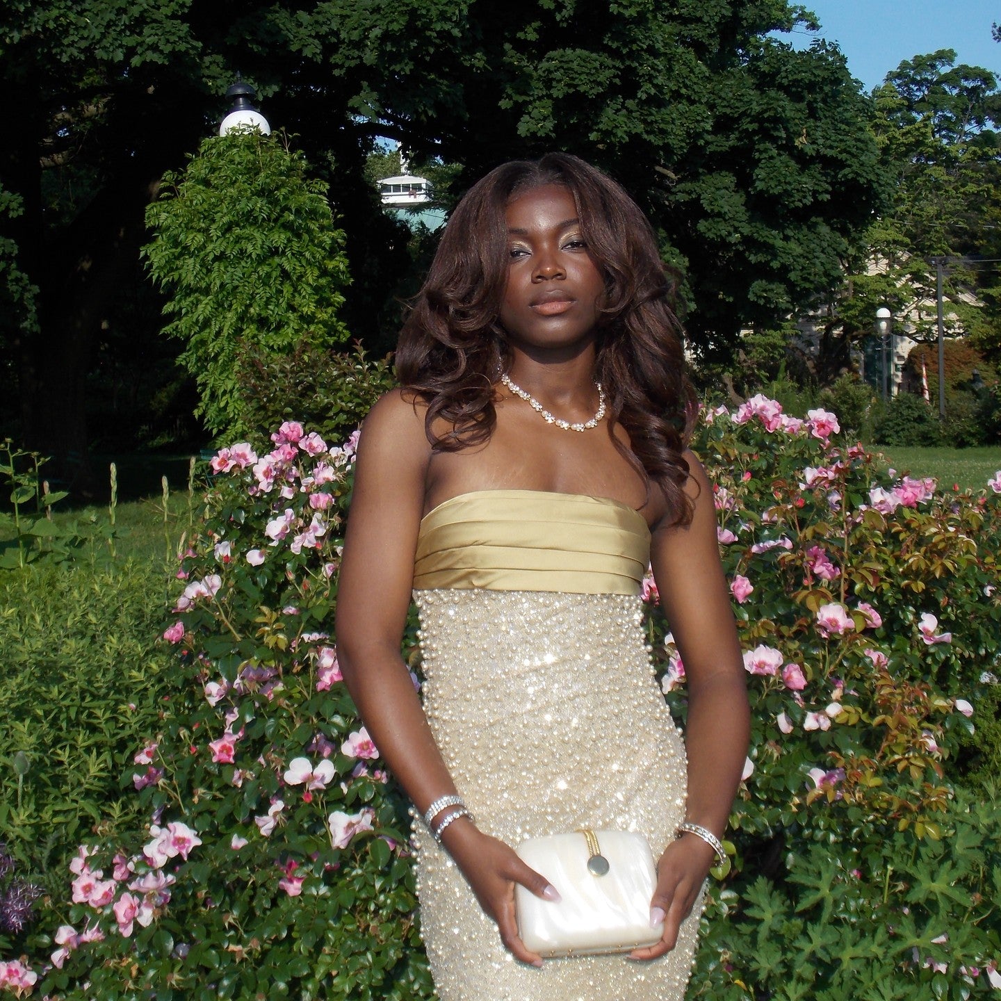 Strapless Pearl Sequin Maxi Dress Gold HV1519
