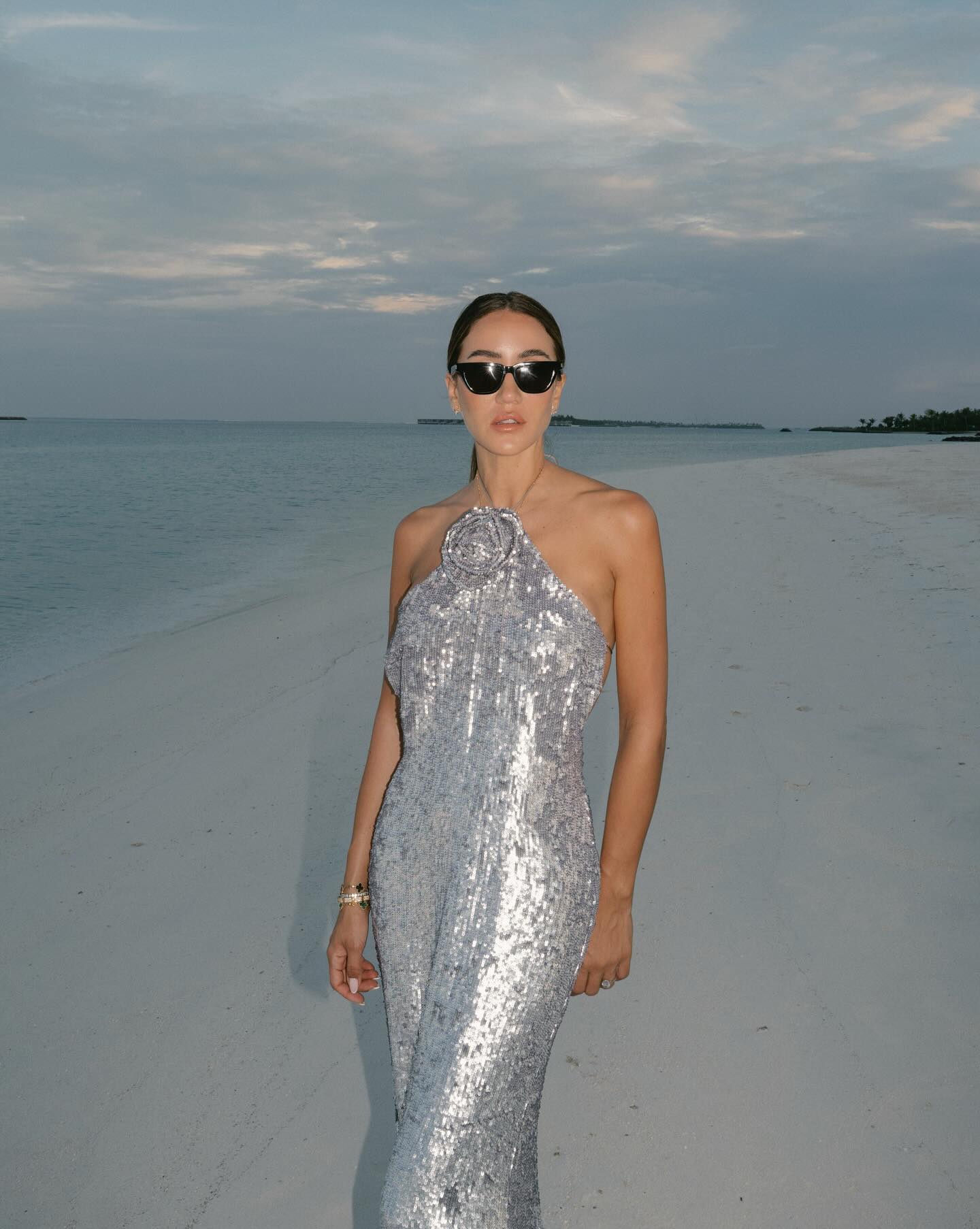Halter Floral Sequin Maxi Dress Silver HV1692
