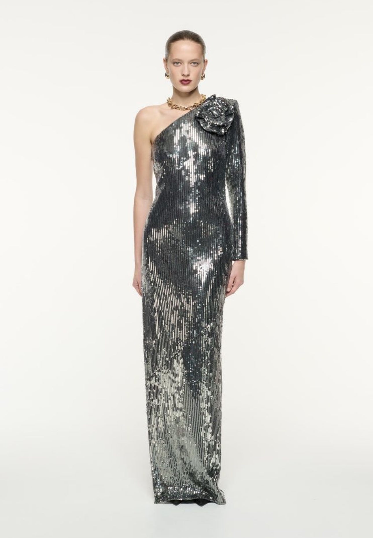Long Sleeve Floral Sequin Maxi Dress Silver HV1084