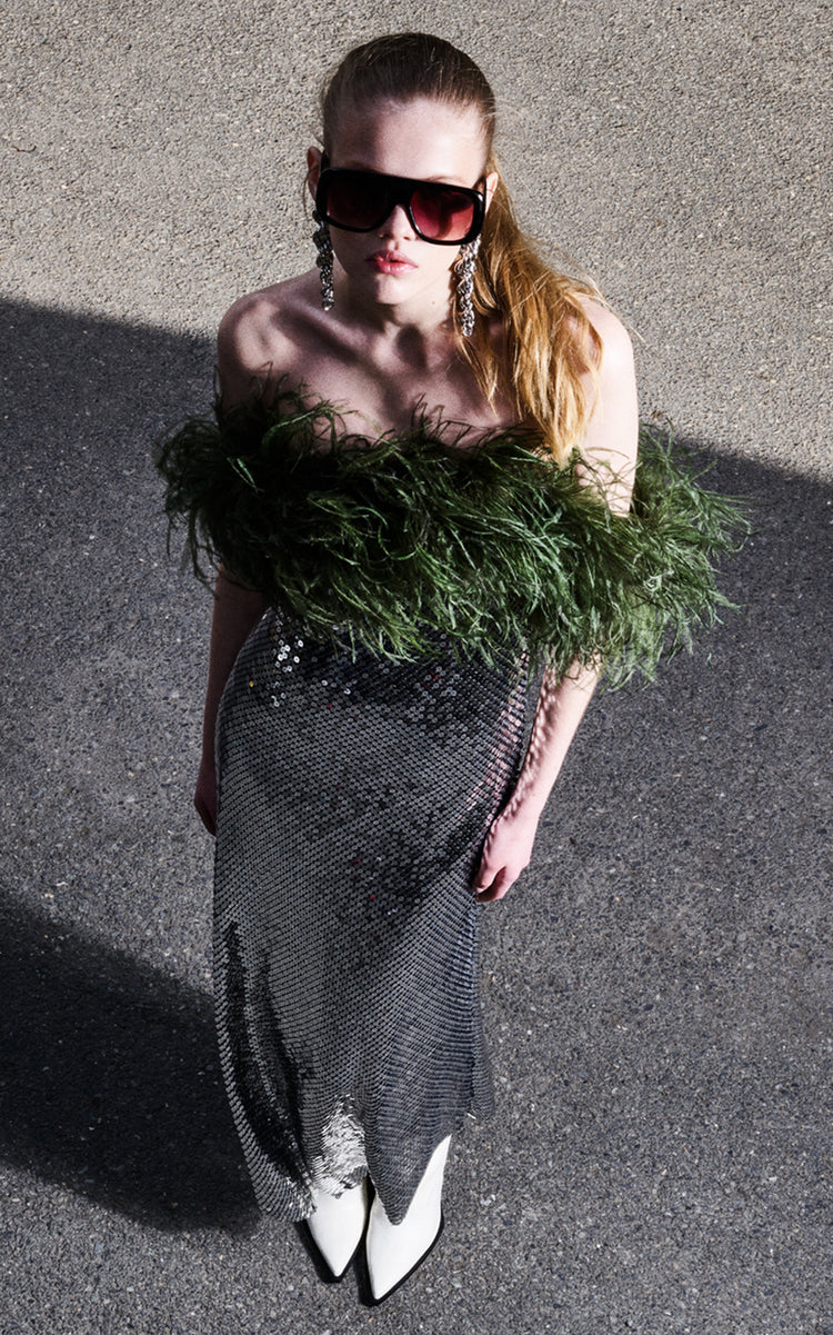 Feather Off Shoulder Sequin Maxi Dress Green Silver HV9631