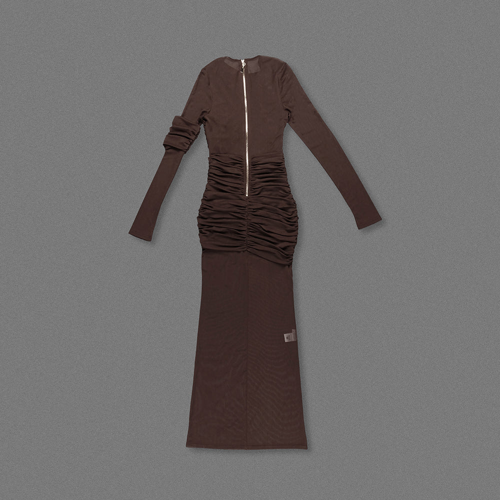 Long Sleeve Mesh Insert Draped Maxi Dress Brown HV1977
