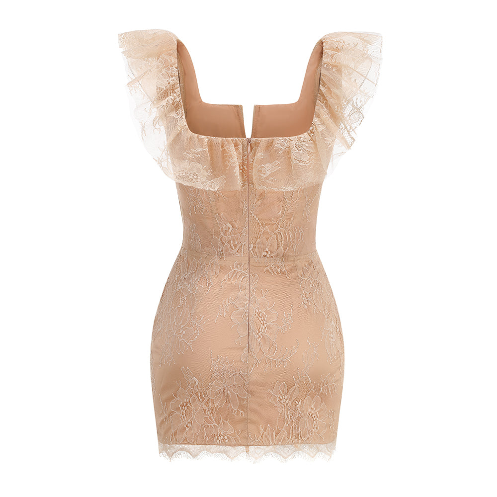 Lace Ruffle Structured Dress Peach Nude HV3232