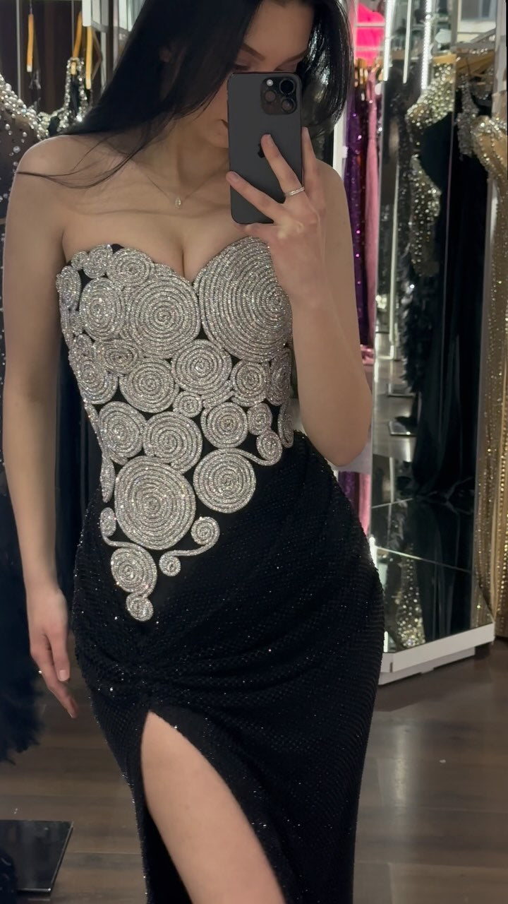 Strapless Crystal Spiral Maxi Velvet Dress Black HV2018