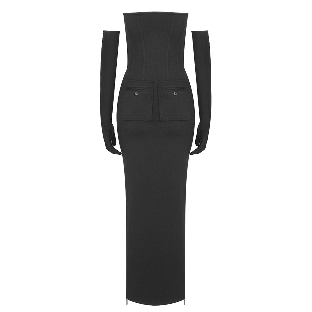 Strapless Gloves Maxi Dress Black HV1106