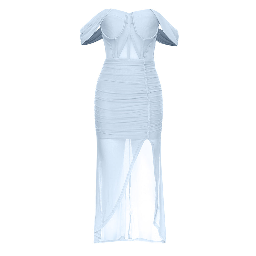 Off Shoulder Bustier Draped Mesh Maxi Dress HV9837