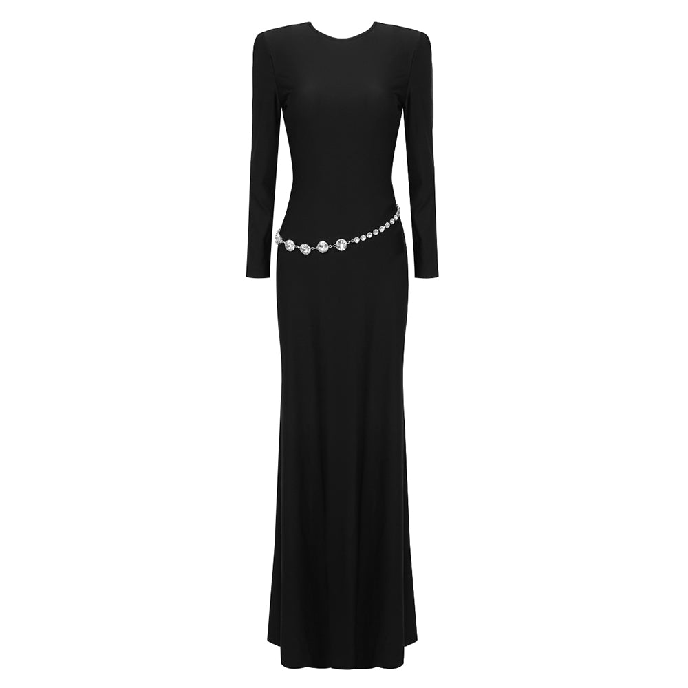 Long Sleeve Crystal Belt Maxi Dress Black HV9973