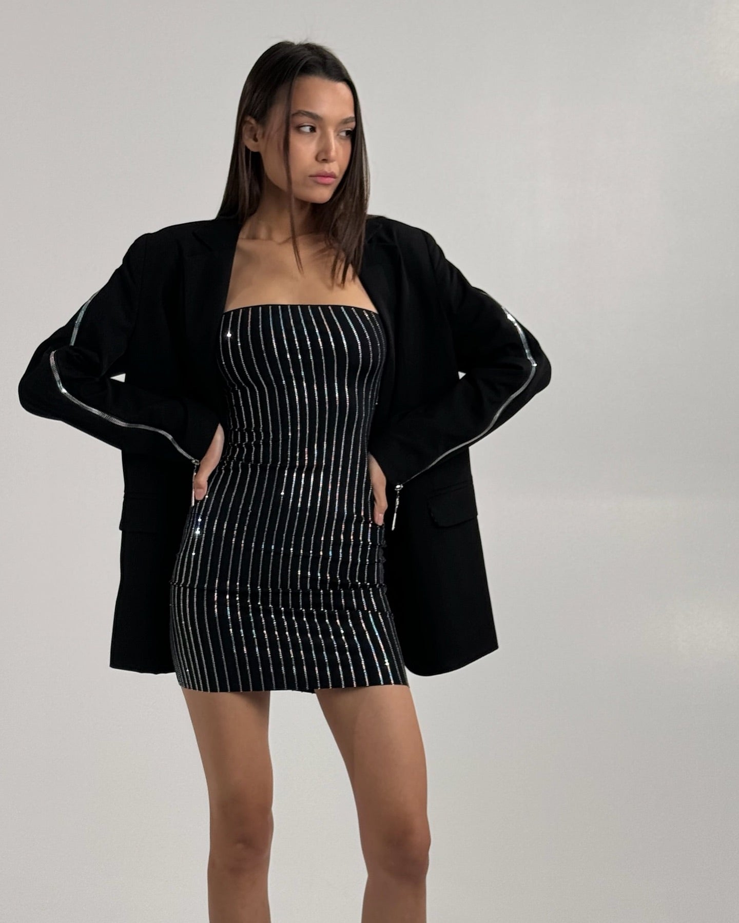 Strapless Crystal Stripes Dress Black HV1985