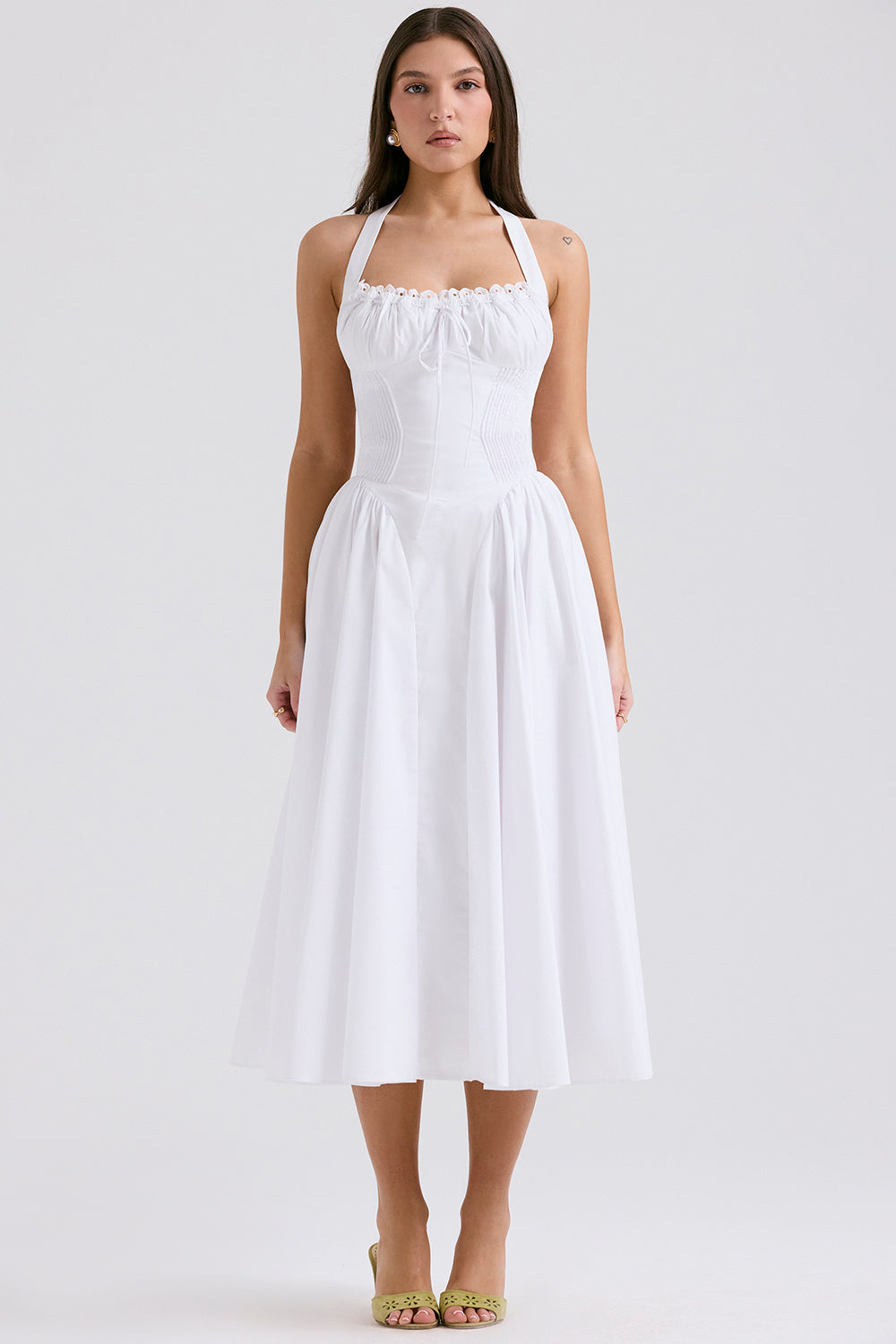 Halter Lace Bustier A Line Midi Dress White HV1290