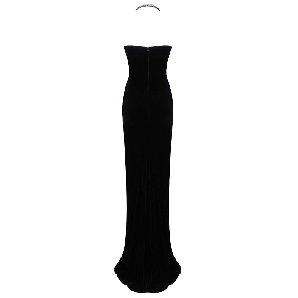 Halter Embellished Trim Maxi Velvet Dress Black HV1603