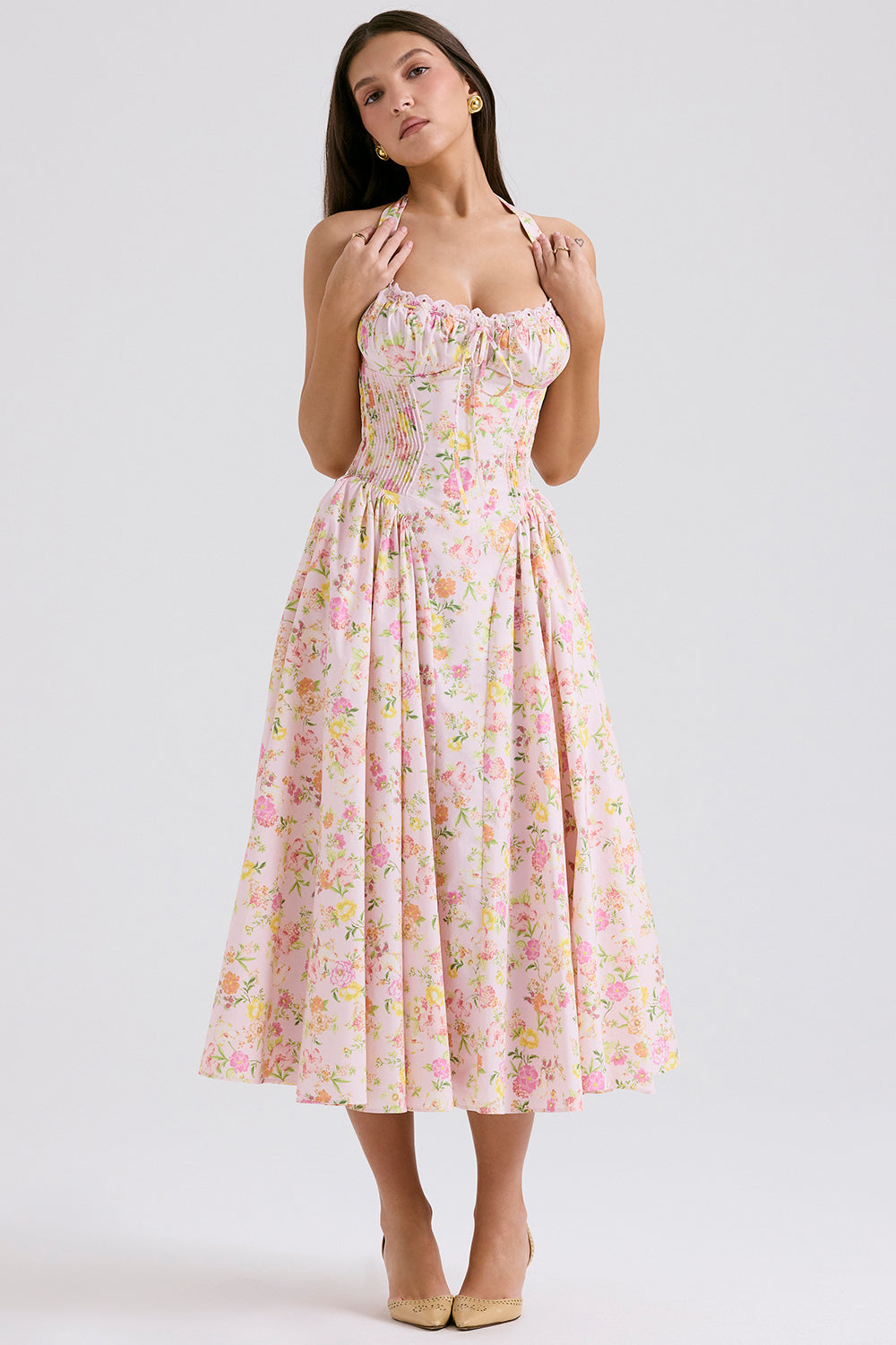 Halter Lace Bustier A Line Midi Dress Floral Pink HV1289