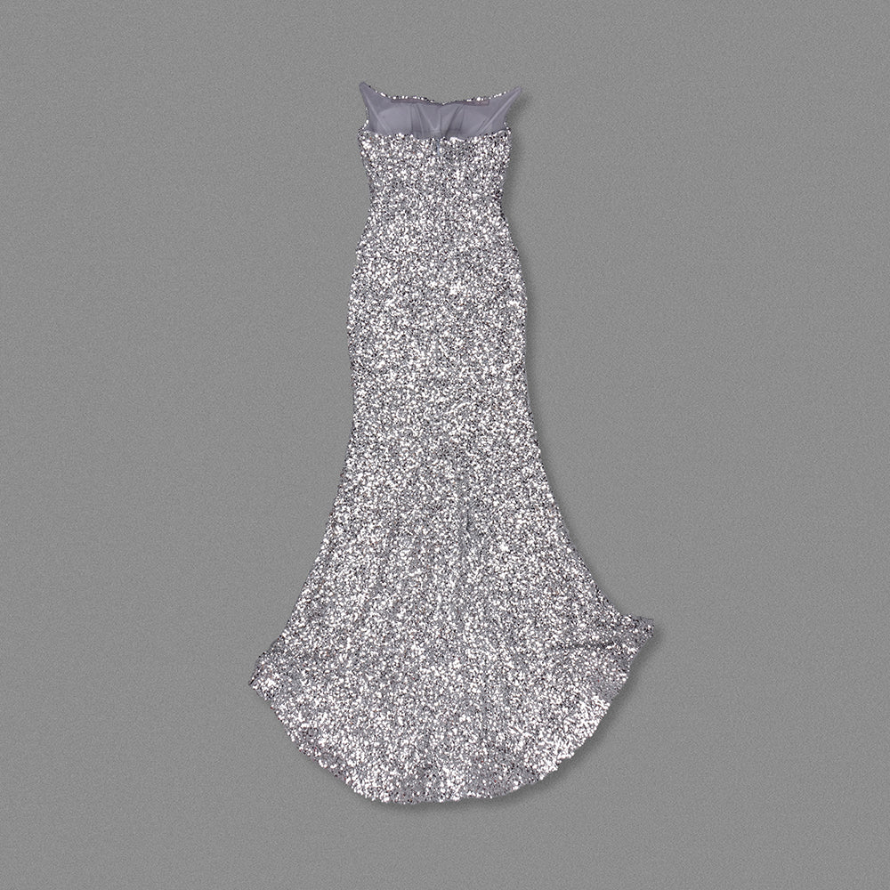Strapless Sequin Maxi Mermaid Dress Silver HV1759