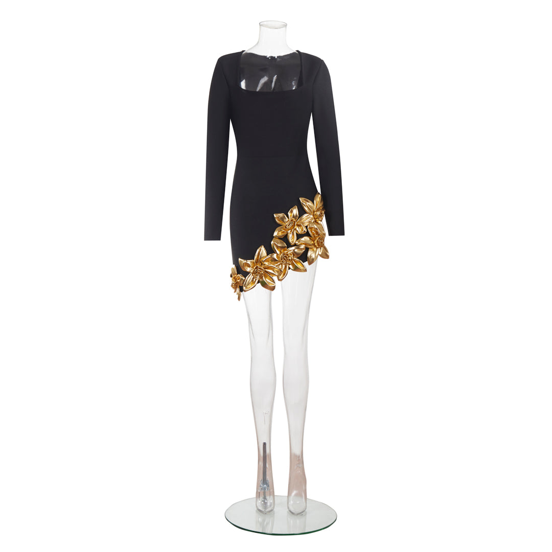 Long Sleeve Floral Hem Dress Black Gold HV2620