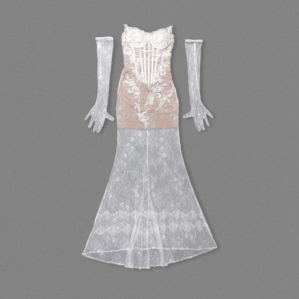 Strapless Lace Corset Maxi Dress White HV1507