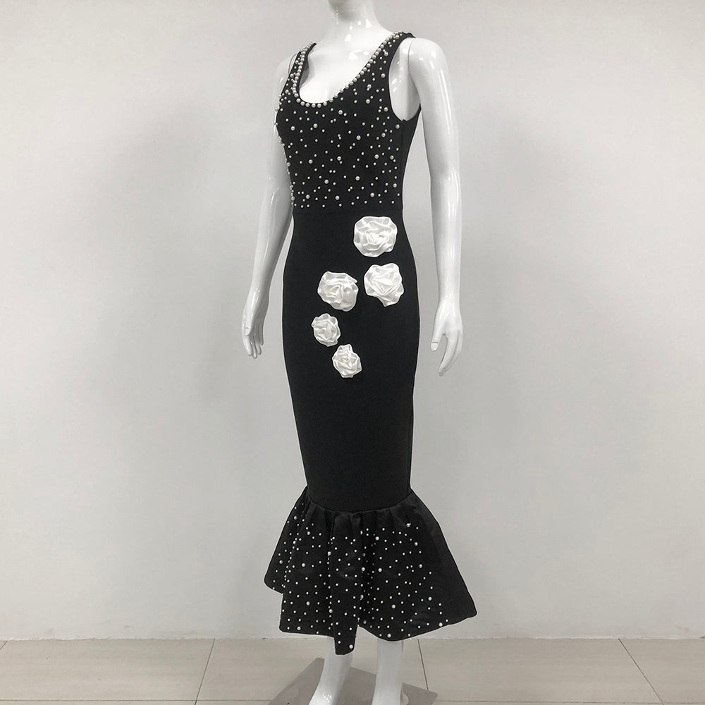 Floral Pearl Mermaid Midi Dress Black HV1598