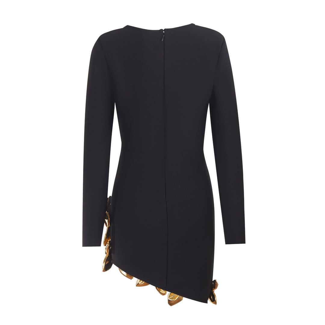 Long Sleeve Floral Hem Dress Black Gold HV2620
