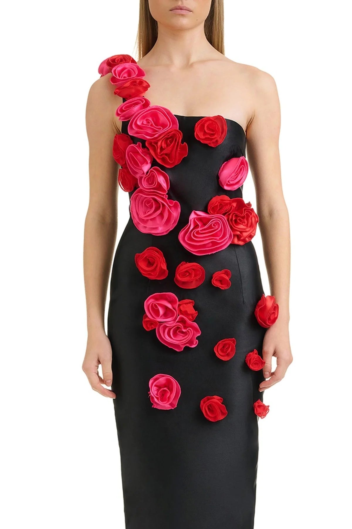 One Shoulder Rose Detail Midi Dress Black HV1094
