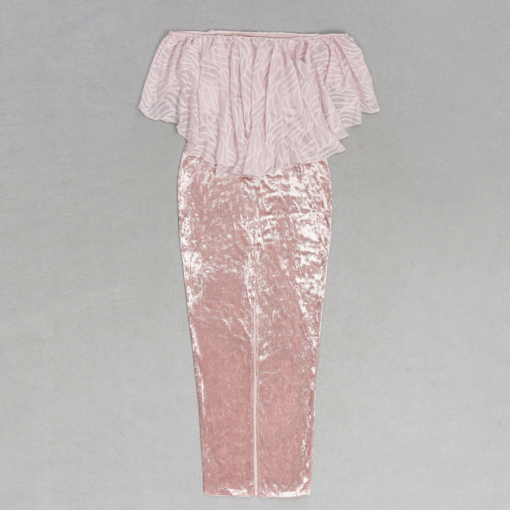 Ruffle Off Shoulder Maxi Velvet Dress Pink HV9754