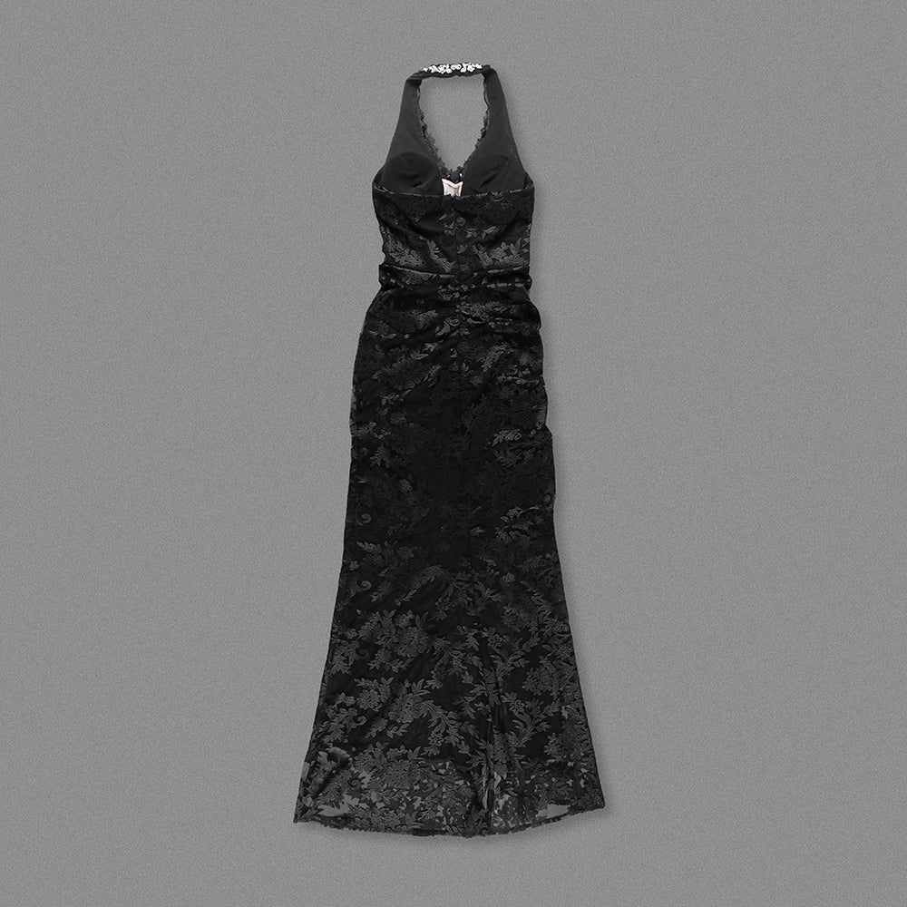 Halter Crystal Bustier Lace Maxi Dress Black HV2019
