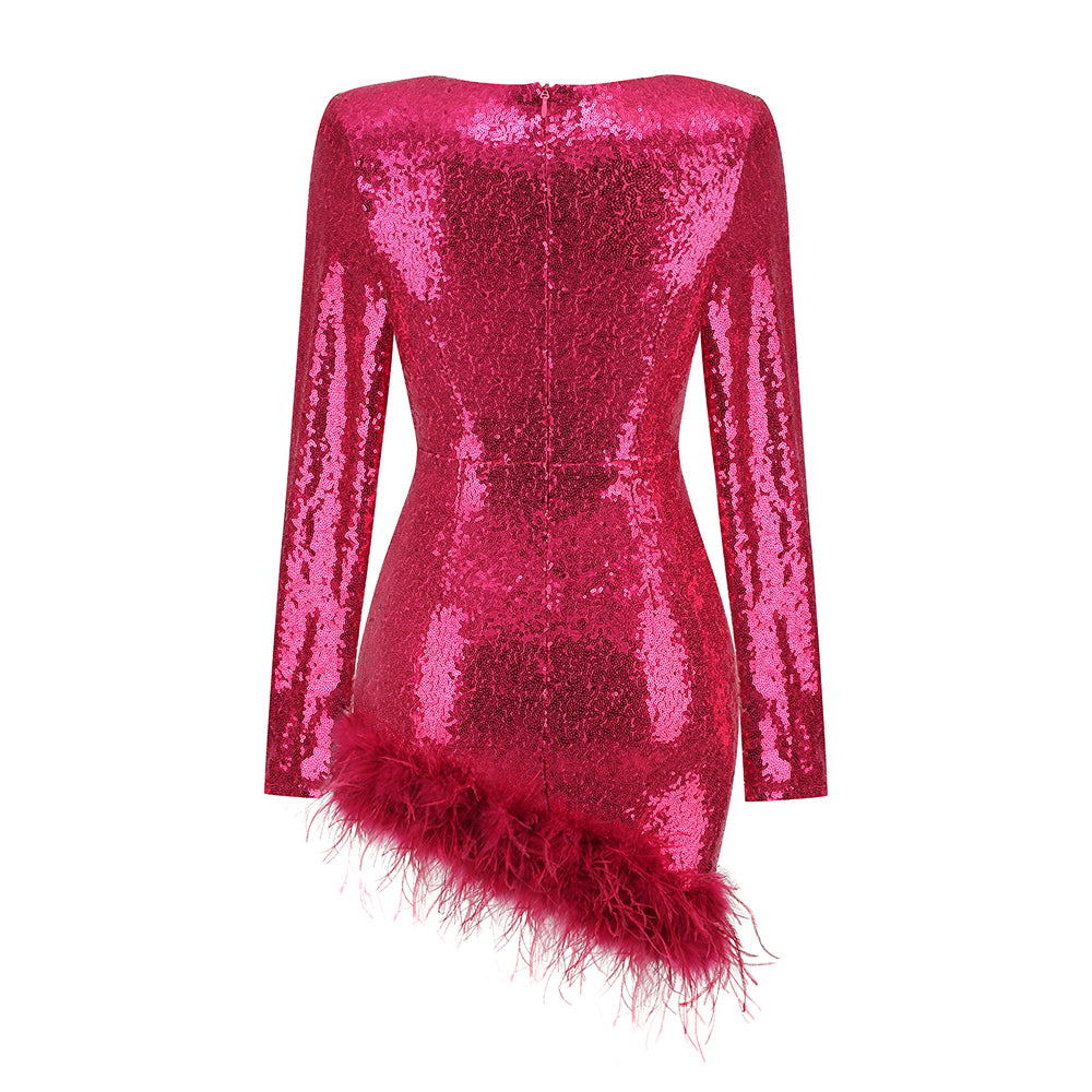 Long Sleeve Bustier Feather Sequin Dress HV8913