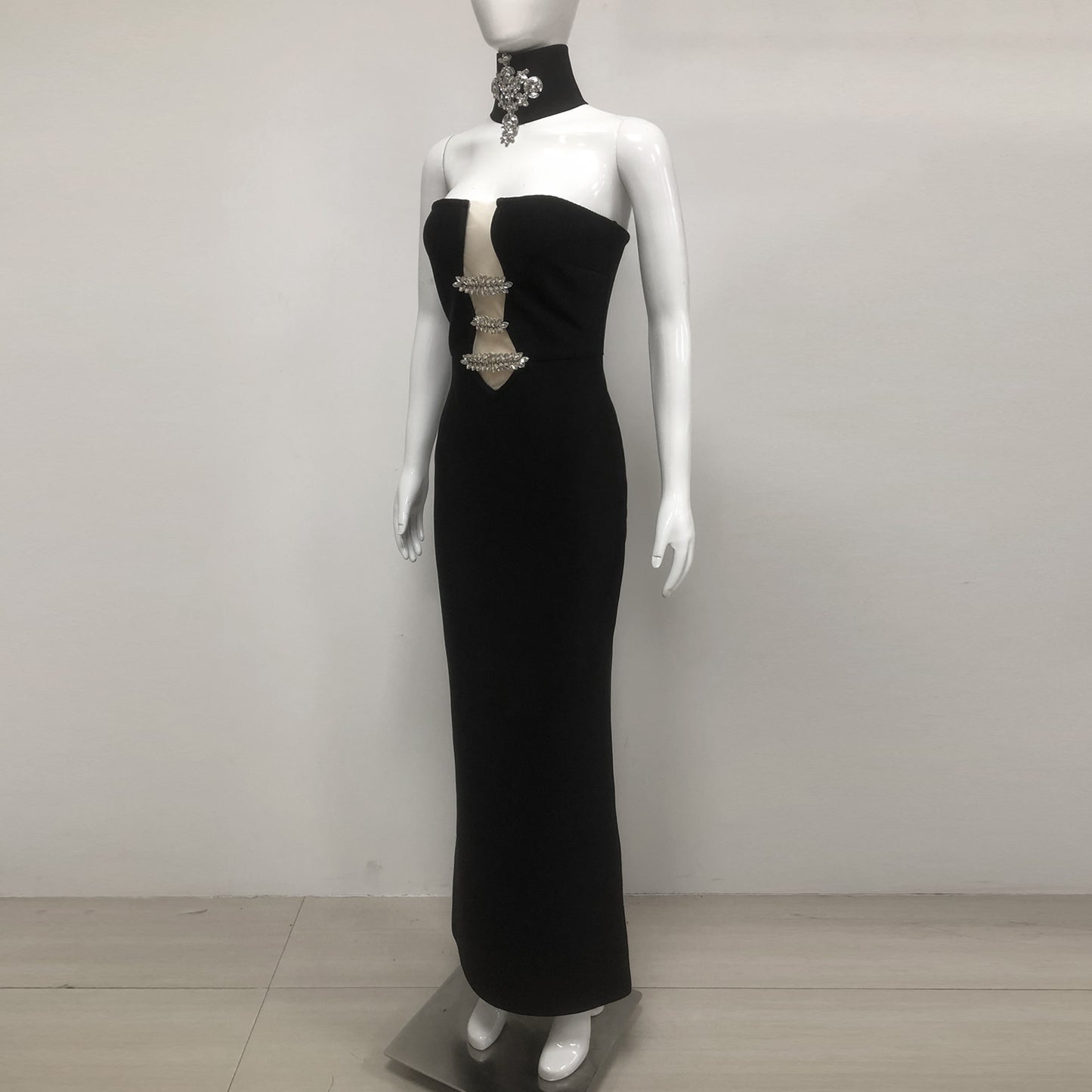 Strapless Crystal Choker Maxi Dress Black
