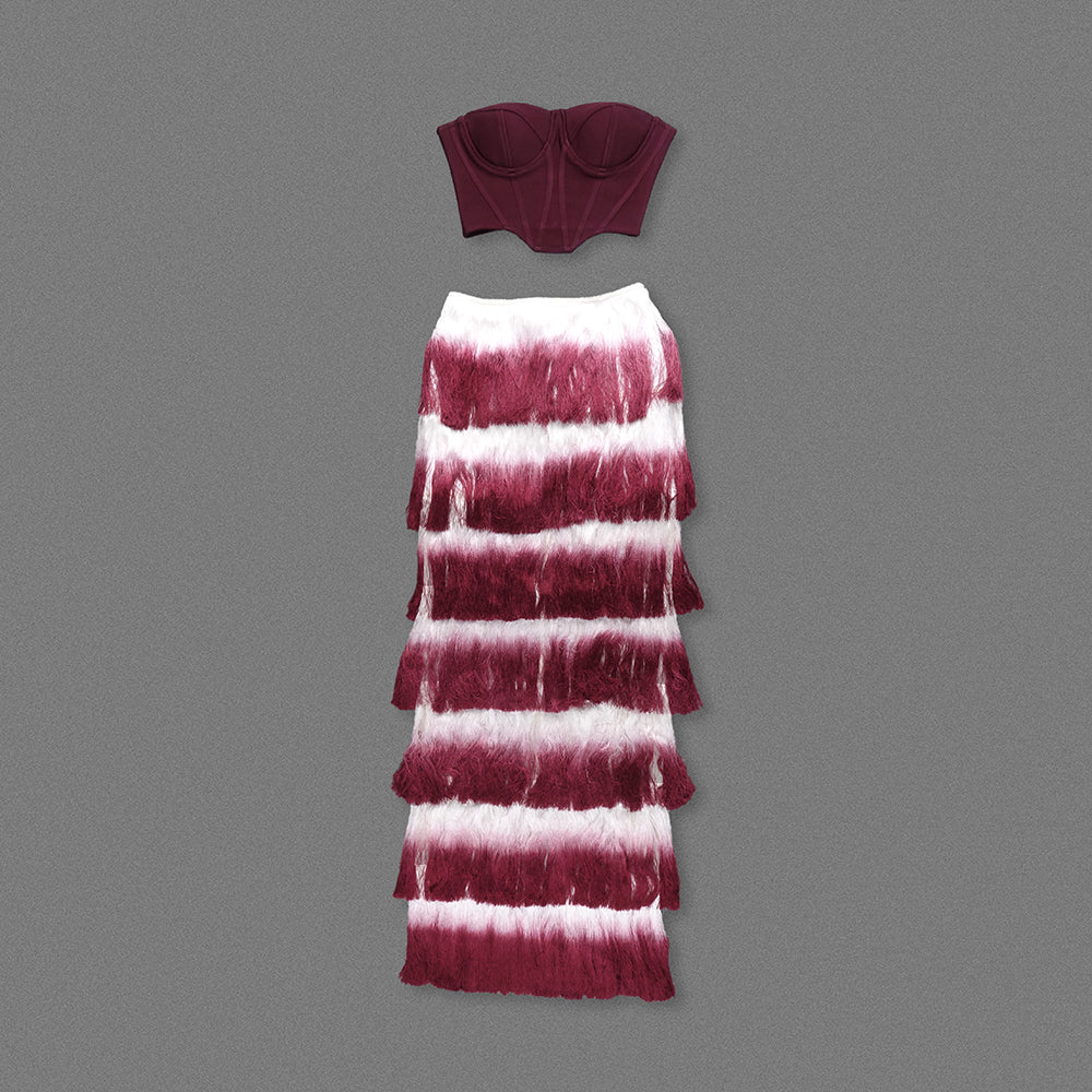 Strapless Tassel Two Piece Maxi Dress Burgundy HV2598