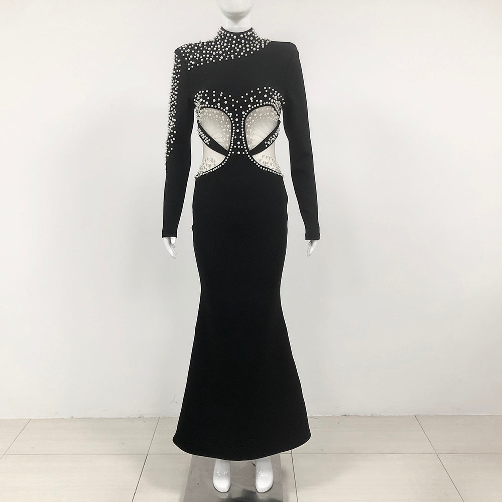 Long Sleeve Pearl Mesh Maxi Dress Black