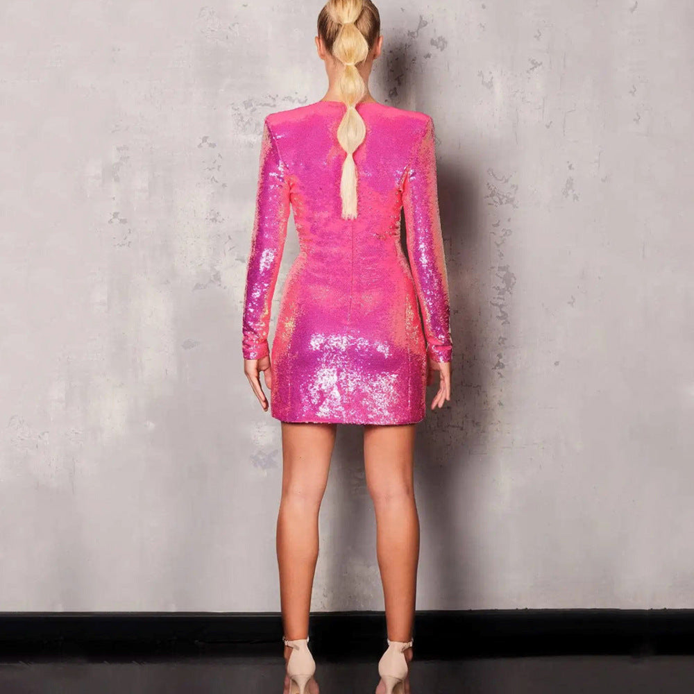 Long Sleeve Sequin Feather Blazer Dress
