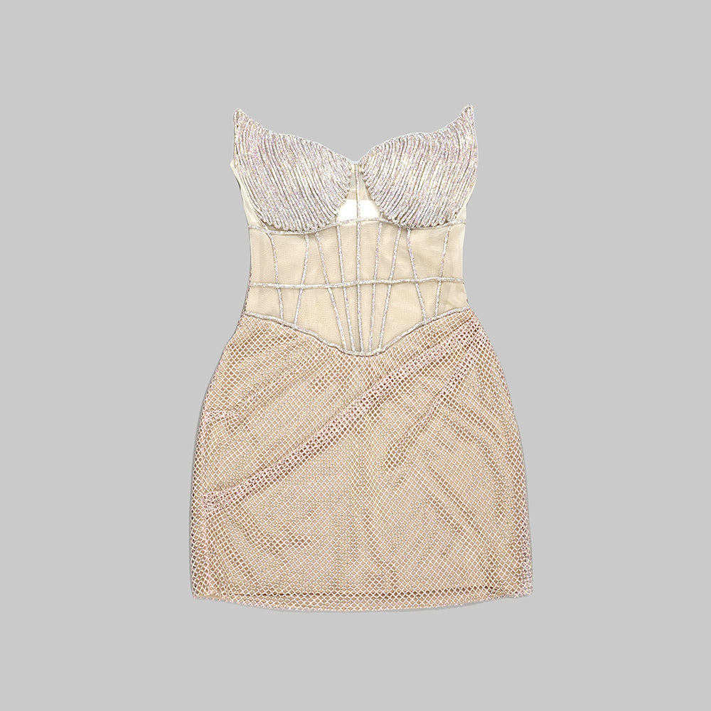 Strapless Crystal Bustier Draped Dress Nude HV9680