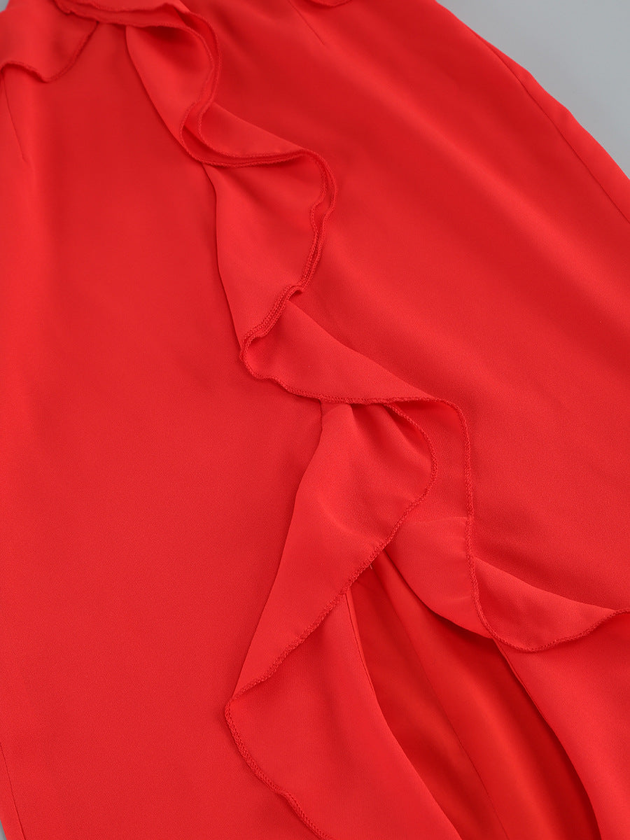 Halter Floral Ruffle Maxi Dress Red